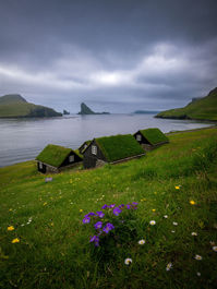 Faroese village composition using natural lines, layers and surrounding landscape.