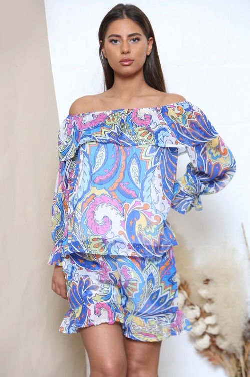 Off Shoulder Ruffle Set Blue 