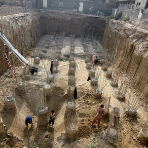 Many foundations piles on the construction site to be tested