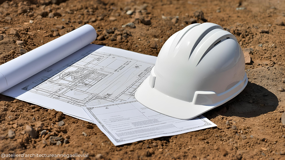 Plans de rénovation posés sur un sol sablonneux avec un casque de chantier, symbolisant la préparation et la vérification des assurances décennale et dommages-ouvrage avant travaux – Atelier d’Architecture Anne-Gaëlle VIAL.