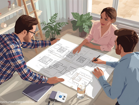 Architecte présentant des plans de maison à rénover à un couple de propriétaires.
