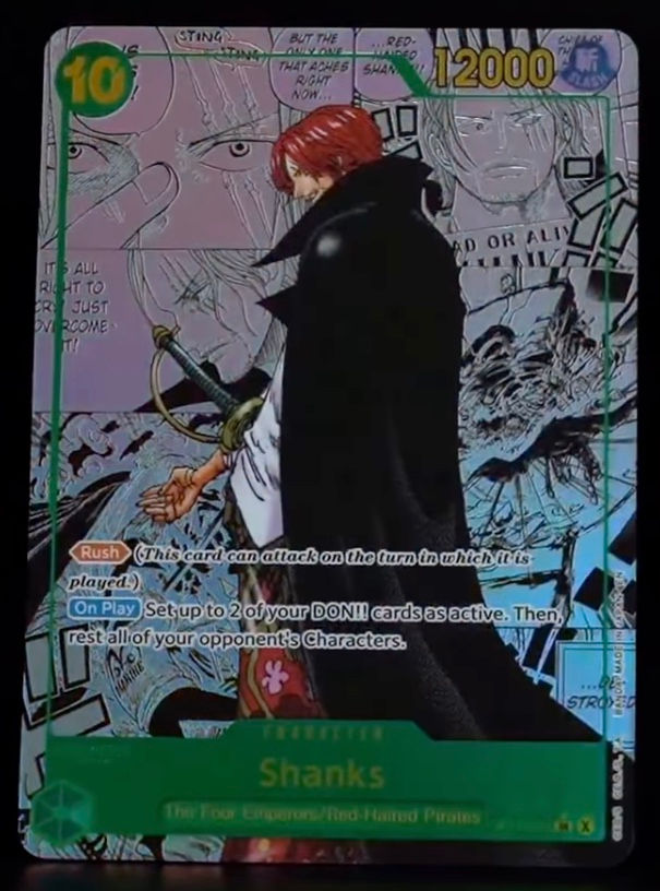 Shanks OP17-022 Super Parallel showcases the captain of the Red Hair Pirates as one of the premium chase cards revealed for One Piece Card Game OP-17: The World's Strongest Warriors.