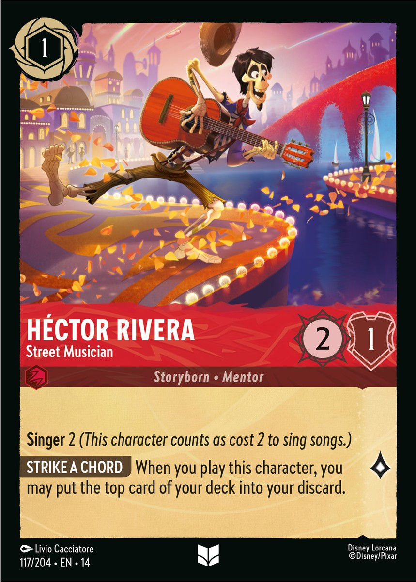 Héctor Rivera – Street Musician
Card Number: 117/204 Ink: Ruby Rarity: Uncommon Franchise: Coco