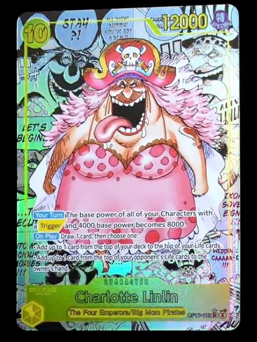 Charlotte Linlin (Big Mom) OP17-112 Super Parallel completes the original Four Emperors lineup with a premium collector card in One Piece Card Game OP-17: The World's Strongest Warriors.
