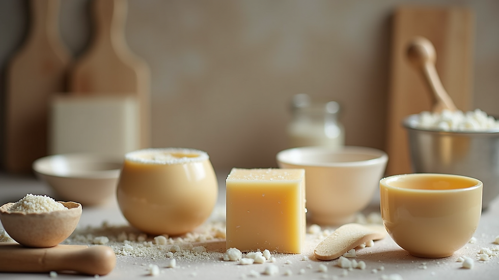 Close-up view of various soap making tools including molds and mixing bowls