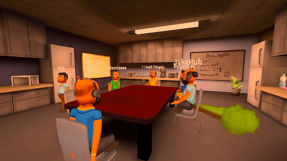 Cartoon office meeting around a red table, avatars wearing headsets sit under a whiteboard labeled Daily Targets, with green gas nearby.