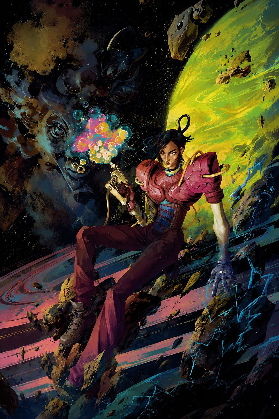 Artwork of Dalia exploring a surreal alien landscape overrun by glowing fungal contamination in Ambrosia Sky, a sci-fi horror exploration game.