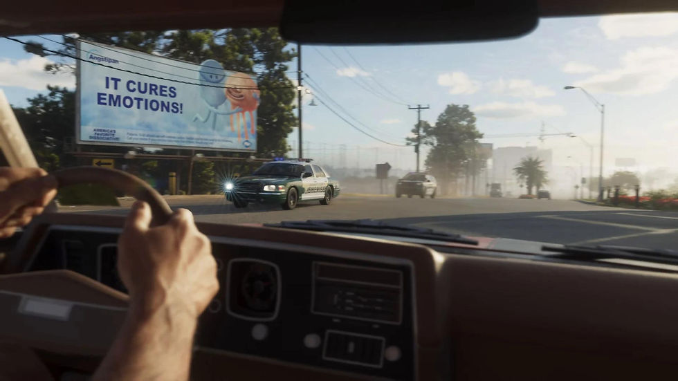 GTA 6 police cruisers searching for a suspect as the player drives past unnoticed, demonstrating the new vehicle recognition and Wanted system.