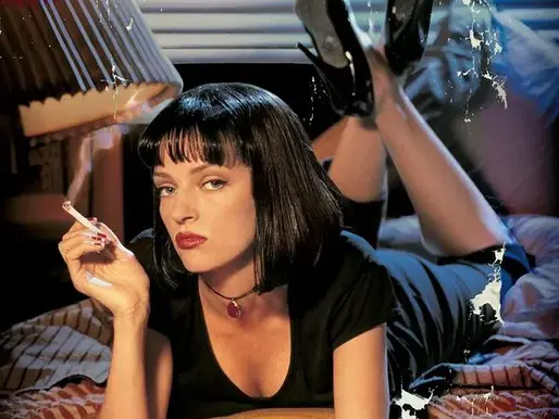 Stylized poster image of a dark-haired woman lying on a bed with her legs raised, smoking a cigarette, surrounded by a book, a pistol, and retro objects, in a vintage pulp-crime aesthetic.
