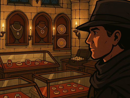 A moody, stylized illustration of a thief eyeing gold jewelry inside a medieval Imperial City store, lit by candles and arched stone architecture.