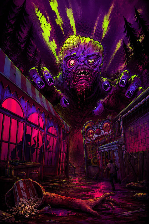 Neon horror artwork for My Cannibal Family showing a grotesque purple mutant looming over a blood-soaked amusement park as a terrified visitor runs past a severed arm.