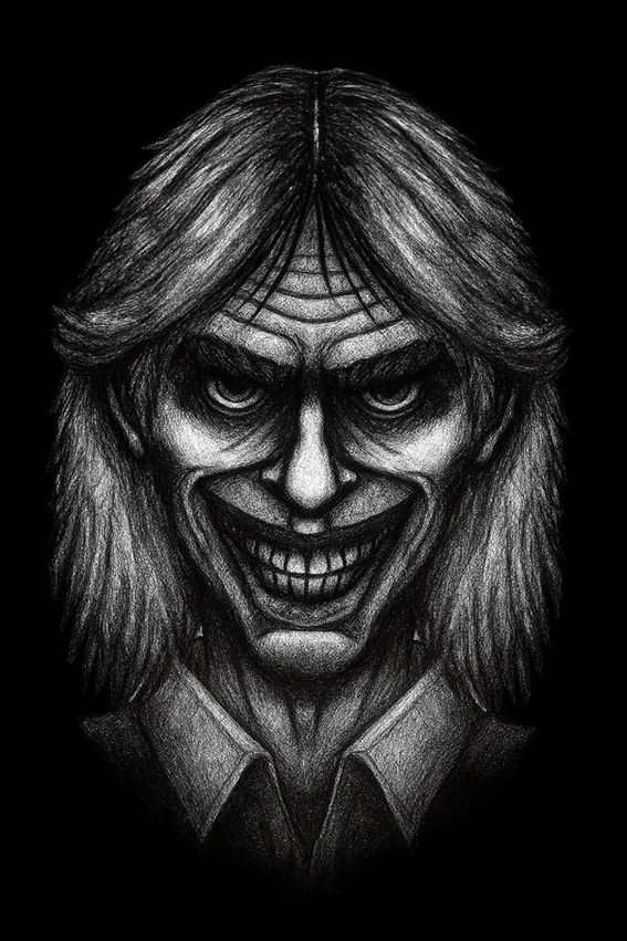 A stark black-and-white horror illustration of a long-haired man with an unnervingly wide, toothy grin and deep-shadowed eyes. His face is lit from the front, emphasizing sharp cheekbones, pronounced wrinkles, and an unsettling expression. The background is completely black, making the eerie, hyper-detailed ink drawing of his head and collar pop out like a wanted-poster nightmare.