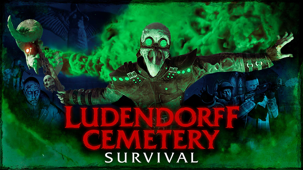 Green zombie game poster with masked undead figure amid toxic green smoke; title reads Ludendorff Cemetery Survival