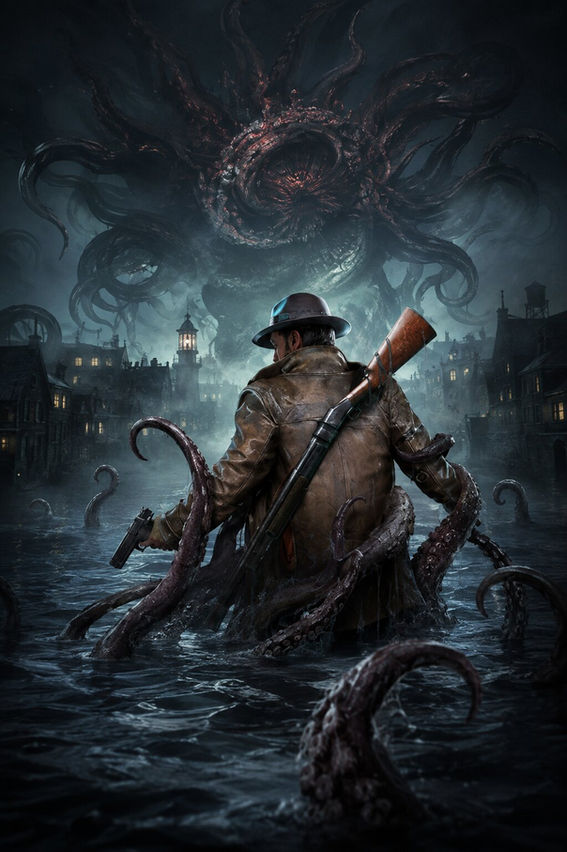 A lone investigator wades through flooded Arkham as enormous Lovecraftian tentacles surround him and a colossal eldritch creature looms above the city in The Sinking City 2.