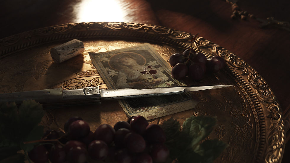 A bloodstained knife rests beside grapes and a religious card on an ornate serving tray in Mafia: The Old Country.