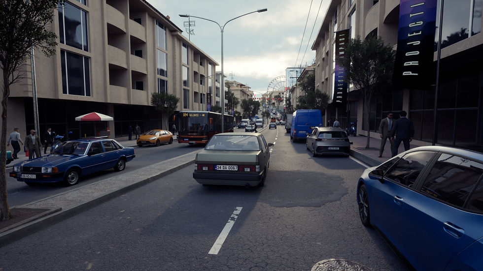 Busy city street with cars, a bus, and pedestrians beside modern buildings with PROJECT banners and a ferris wheel in the distance.
