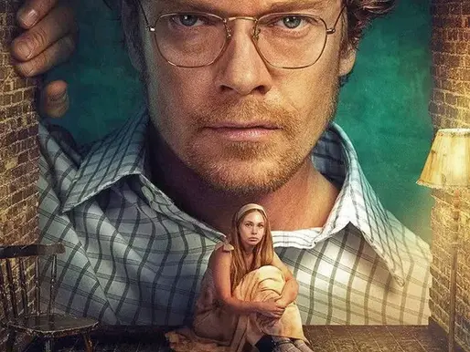 Poster for Girl Taken Season 1 showing a stern man with glasses looming over a frightened young woman sitting on the floor, evoking psychological captivity and grim crime drama.