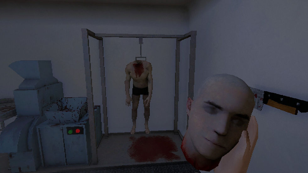 Meat Grinder: Hotdog Simulator gameplay showing a blood-covered processing room, a hanging headless body and the player holding a severed human head.