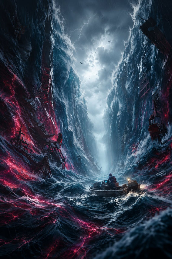 Official Once Human: Isles of Abyss promotional artwork showing a small motorboat navigating enormous waves between towering walls of water and wreckage beneath a lightning-filled sky.