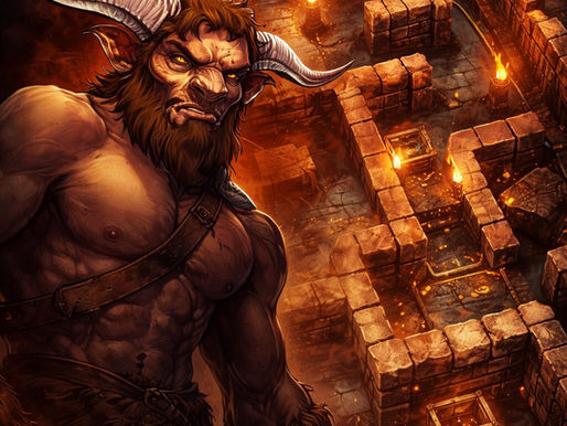 Minotaur warrior glaring in foreground while a torch-lit stone labyrinth stretches behind him, filled with glowing traps, narrow corridors, and scattered treasure chests in a dark fantasy setting.