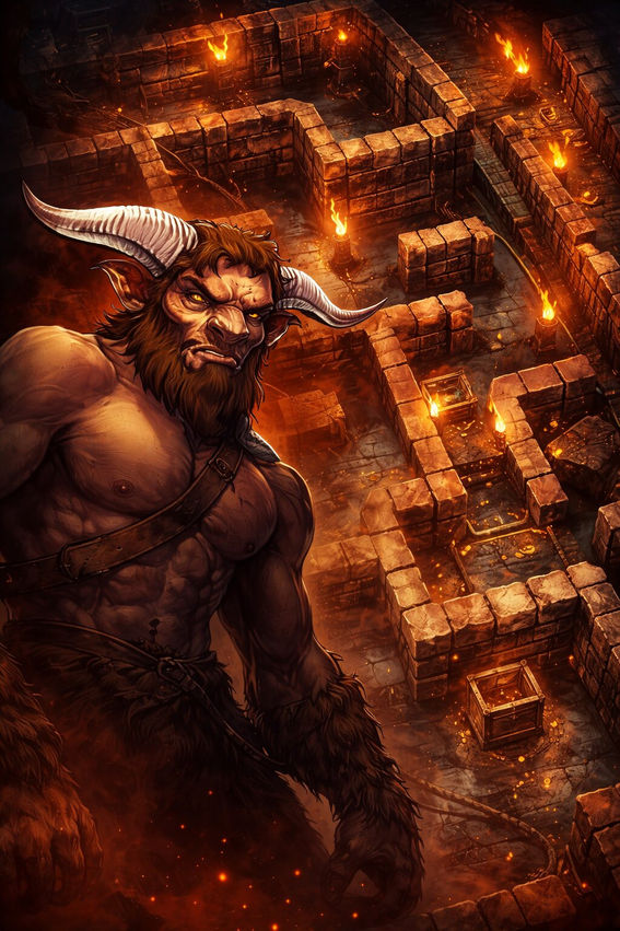 Minotaur warrior glaring in foreground while a torch-lit stone labyrinth stretches behind him, filled with glowing traps, narrow corridors, and scattered treasure chests in a dark fantasy setting.