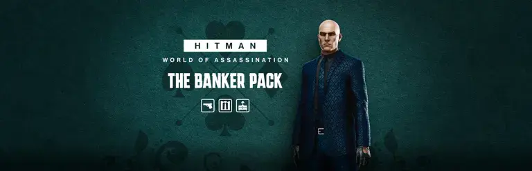 Stylized promo image for "The Banker Pack" in Hitman: World of Assassination. Agent 47 stands confidently in a dark blue patterned suit in front of a green background featuring subtle card suit symbols. Icons below indicate included content: suit, pistol, rope, and casino chip.