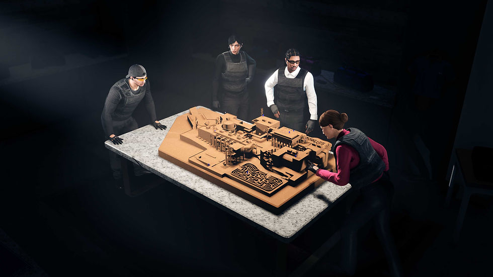 GTA Online crew planning the Kortz Center Heist using a scale model of the museum.
