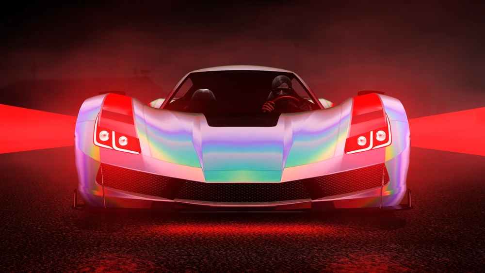 Front view of the Överflöd Suzume in a shiny rainbow-iridescent paint job, headlights glowing red, with the driver visible inside under moody lighting.