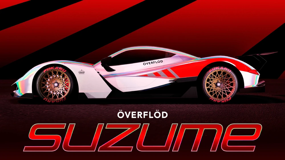 Side profile render of the Överflöd Suzume in a clean red, white, and chrome livery, bold wheels, and Överflöd branding, presented in a dramatic red-and-black studio background.