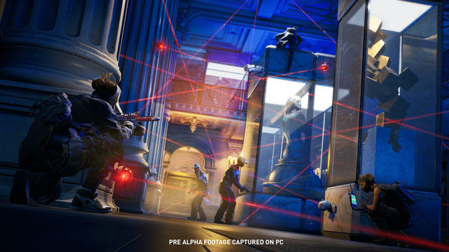 Project Espresso crew infiltrating a heavily secured building while red security lasers turn the room into the world’s least relaxing laser-tag arena.