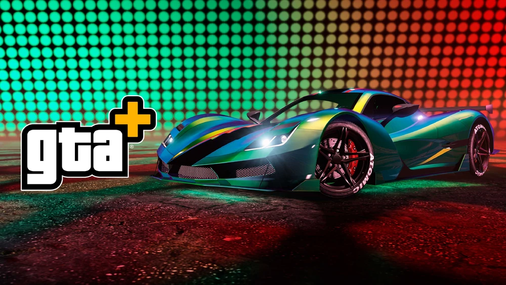 GTA+ promo image of the Överflöd Suzume, finished in a green and blue pearlescent paint job with black Atomic wheels, set against a neon dotted background.