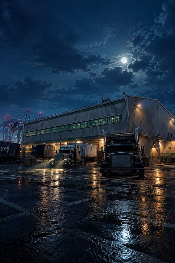 PAYDAY 3 99 Boxes warehouse at night, with refrigerated trucks, shipping containers and wet asphalt outside an industrial dock.