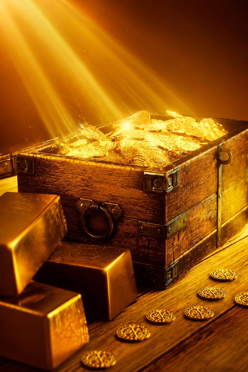 Golden treasure chest overflowing with glowing gold coins and bars in warm orange light, cinematic GTA Online-inspired poster image for a Treasure Chests payout guide.