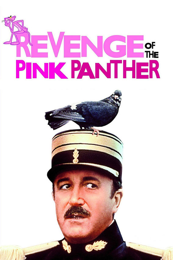 Movie poster for Revenge of the Pink Panther (1978) showing Inspector Clouseau in uniform, looking sideways in confusion, with a pigeon perched on his hat beneath bold pink title text.