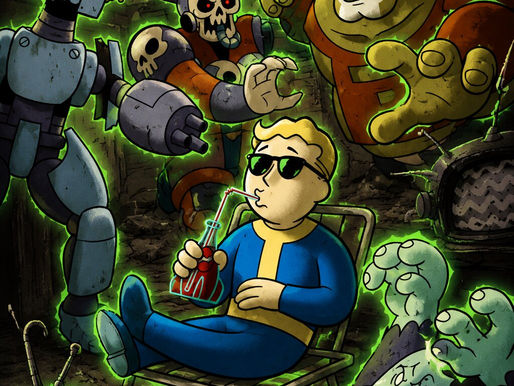 Stylized Fallout 76 Season 25 promotional artwork showing a relaxed Vault Boy wearing sunglasses and drinking from a straw while surrounded by glowing green enemies inside a ruined wasteland building. A floating robot, skeletal raider-like figure, giant mutant brute, and ghostly clawed creature loom around him, creating a chaotic but cartoonish post-apocalyptic atmosphere inspired by retro Fallout art.