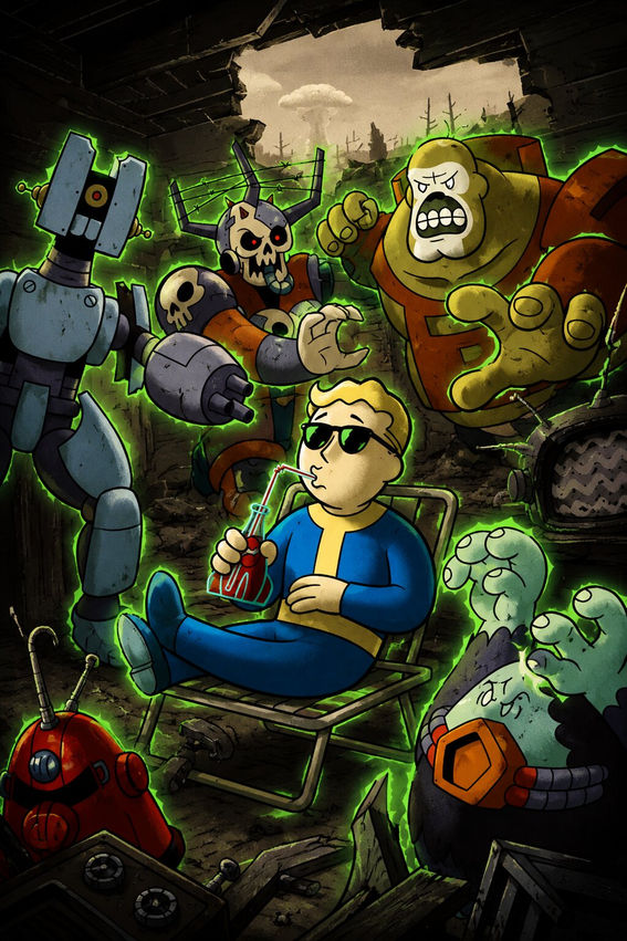 Stylized Fallout 76 Season 25 promotional artwork showing a relaxed Vault Boy wearing sunglasses and drinking from a straw while surrounded by glowing green enemies inside a ruined wasteland building. A floating robot, skeletal raider-like figure, giant mutant brute, and ghostly clawed creature loom around him, creating a chaotic but cartoonish post-apocalyptic atmosphere inspired by retro Fallout art.