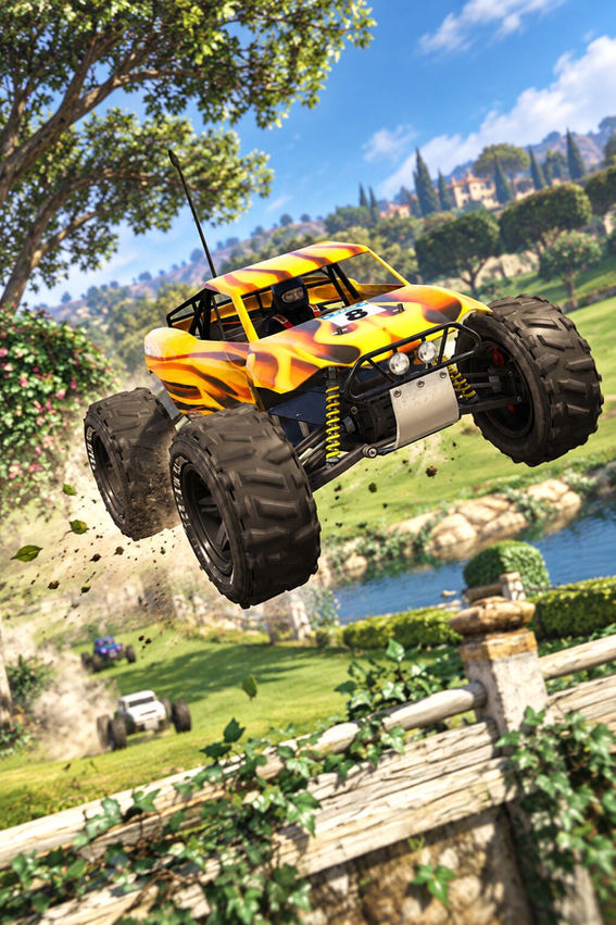 Orange-and-yellow RC Bandito launches over a wooden fence in GTA Online, apparently fleeing Rockstar's latest crackdown on invisible, invincible toy cars.