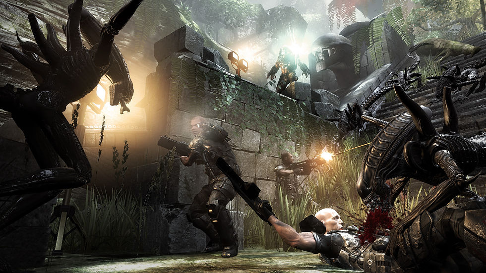 Armored soldiers battle black alien creatures in a ruined jungle temple, with gunfire, blood, and blazing sunlight.