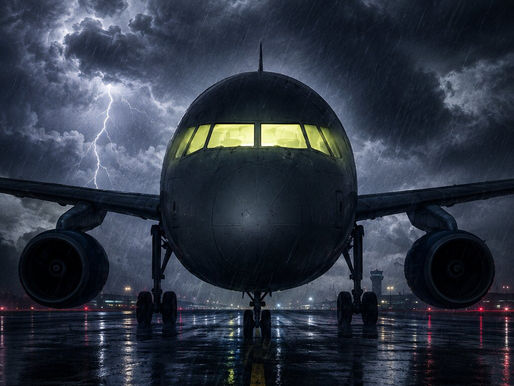 Passenger jet on a rain-soaked runway beneath a violent thunderstorm in Incident Archives: Flight 882.