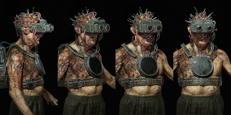 Dead by Daylight character concept renders showing a grotesque cybernetic horror figure from multiple angles, with exposed flesh, wires, metal headgear and large mechanical lenses covering the eyes.