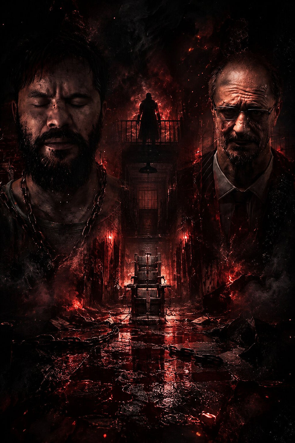 FIRE AND ASHES horror poster featuring two grim, battered men overlooking a blood-red psychiatric hospital corridor, with a sinister silhouette above a chained restraint chair amid smoke, flames and falling ash. Copy