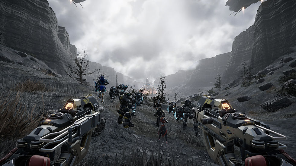 Pax Autocratica first-person combat showing dual-wielded guns and a squad of futuristic soldiers advancing through a bleak rocky battlefield.