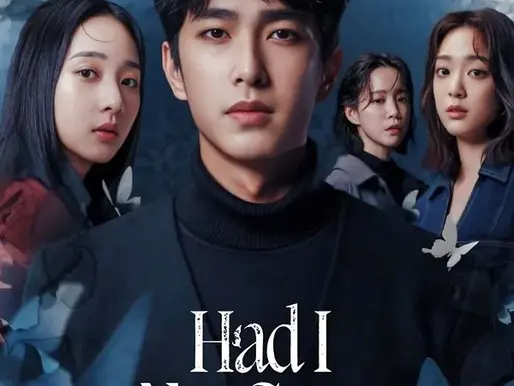 The main cast of Had I Not Seen the Sun with the killer centered in front, framed by blue butterflies and soft winter light, with three women standing behind him in a tense atmospheric group shot.