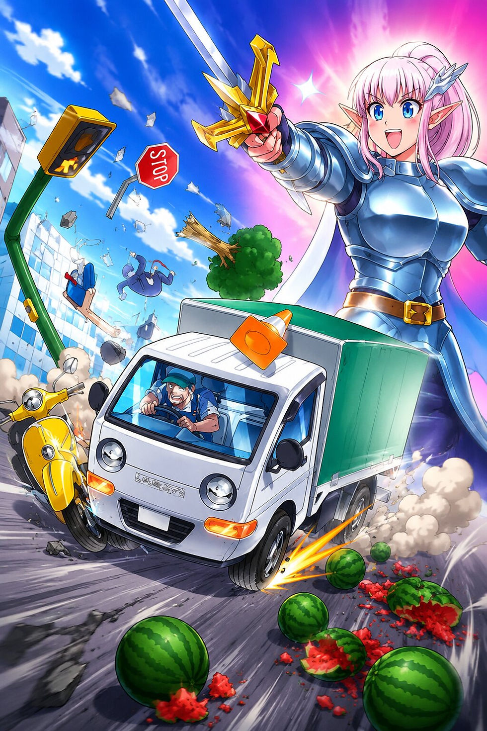 Anime-style Truck-kun delivery truck skids through a chaotic city street as a pink-haired elf warrior raises her sword above the wreckage.