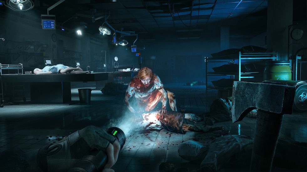 No More Room in Hell 2 first-person gameplay showing a bloodied zombie crawling through a dark hospital morgue as the player aims a flashlight and axe.