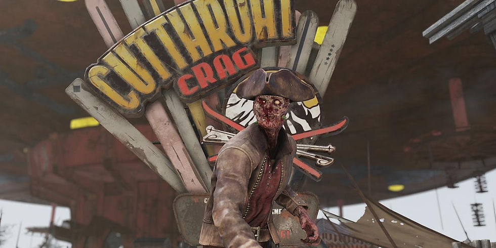 Zombie pirate in tricorn hat before a Cutthroat Crag sign, in a grim abandoned amusement setting.