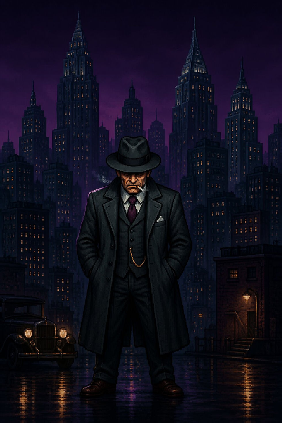 Pixel-art gangster in a fedora and dark overcoat standing on a rain-soaked street beneath a purple city skyline in Mobsteria: Rise.