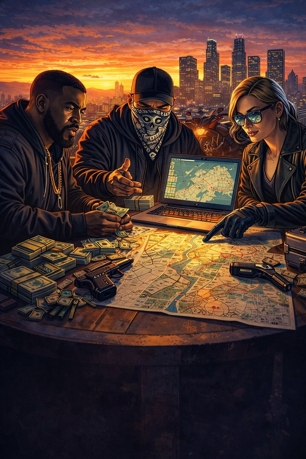 Rockstar Games style digital illustration of a GTA Online criminal crew planning a heist around a table with cash, weapons, and maps, Los Santos skyline in the background at sunset, luxury cars and motorcycles nearby, cinematic lighting, bold outlines, vibrant colors, highly detailed, no text