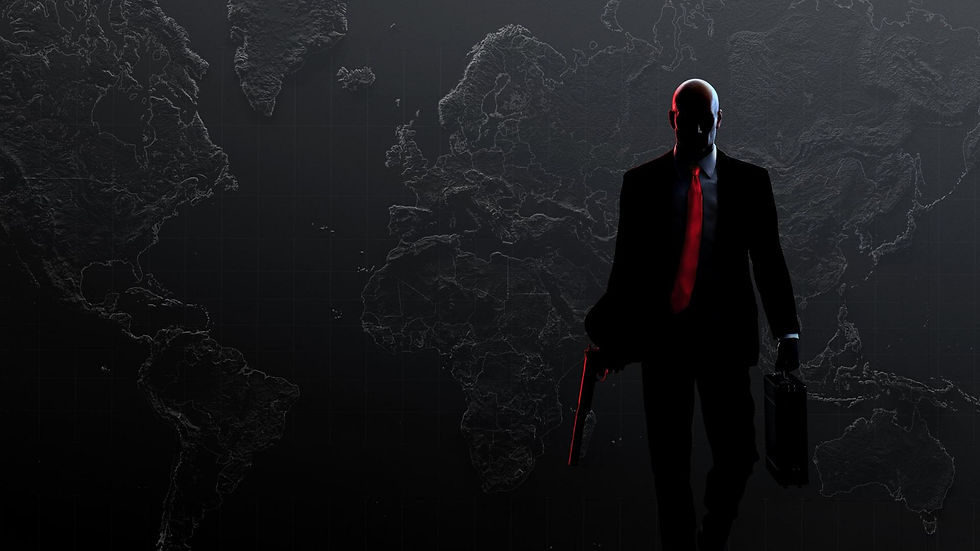 Agent 47 stands in darkness wearing a black suit and blood-red tie, holding a silenced pistol and briefcase against a shadowy world map.
Copy