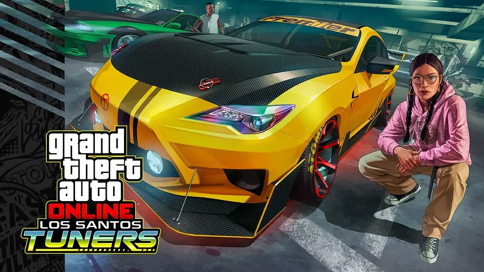 Official GTA Online Los Santos Tuners artwork featuring a customized yellow tuner car, underground car meet culture, and Auto Shop robbery content.